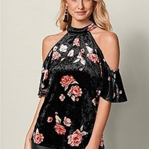 Venus Black Floral Roses Cold Shoulder Velvet Top